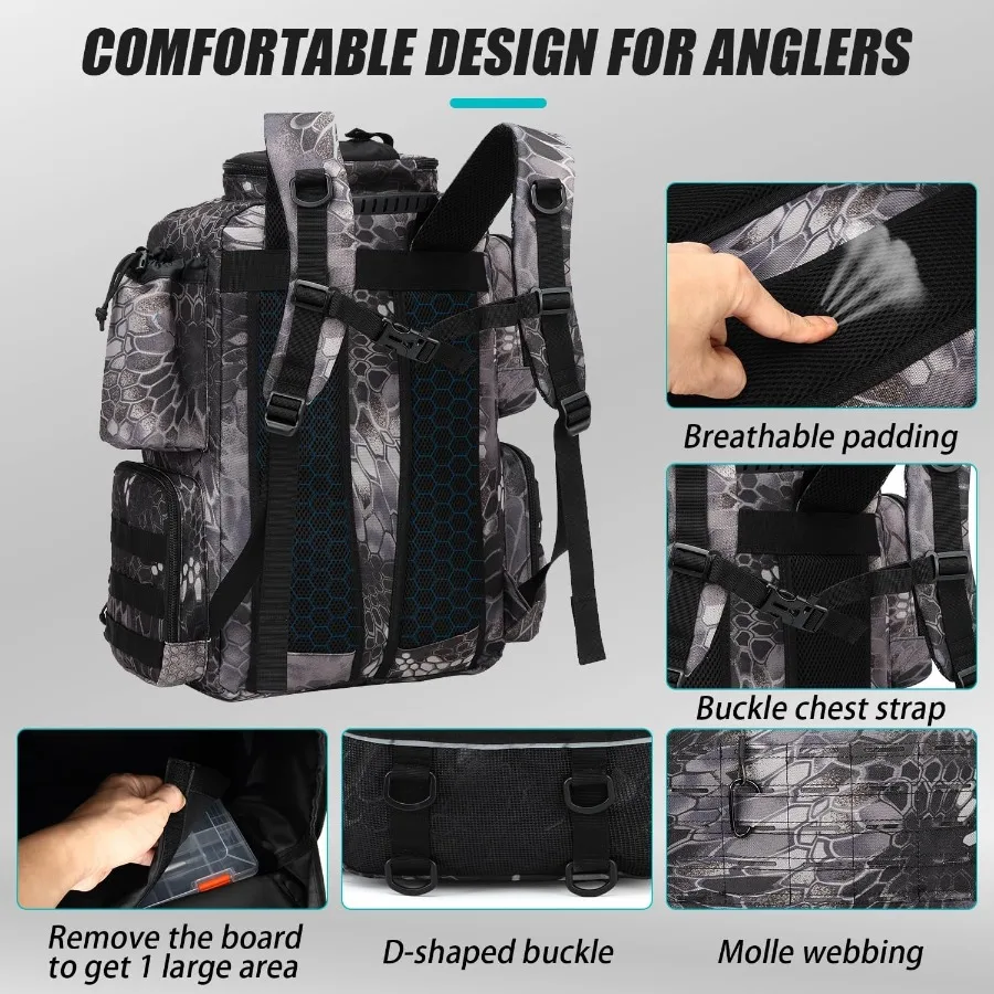 กระเป๋าเป้ตกปลาแบบยุทธวิธี ทนทาน พร้อมกล่องใส่อุปกรณ์ ที่วางคันเบ็ด ที่ใส่ขวดน้ำ ความจุ 50 ลิตร กระเป๋าใส่อุปกรณ์ตกปลาขนาดใหญ่ จัดเก็บอุปกรณ์และเครื่องมือ