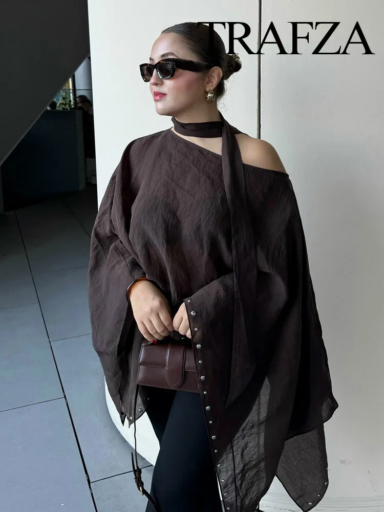 

TRAFZA Women's New Fashion Long Sleeves Tops Solid Scarf Collar Rivet Decoration Pullover Female Summer Chic Loose Blouses
