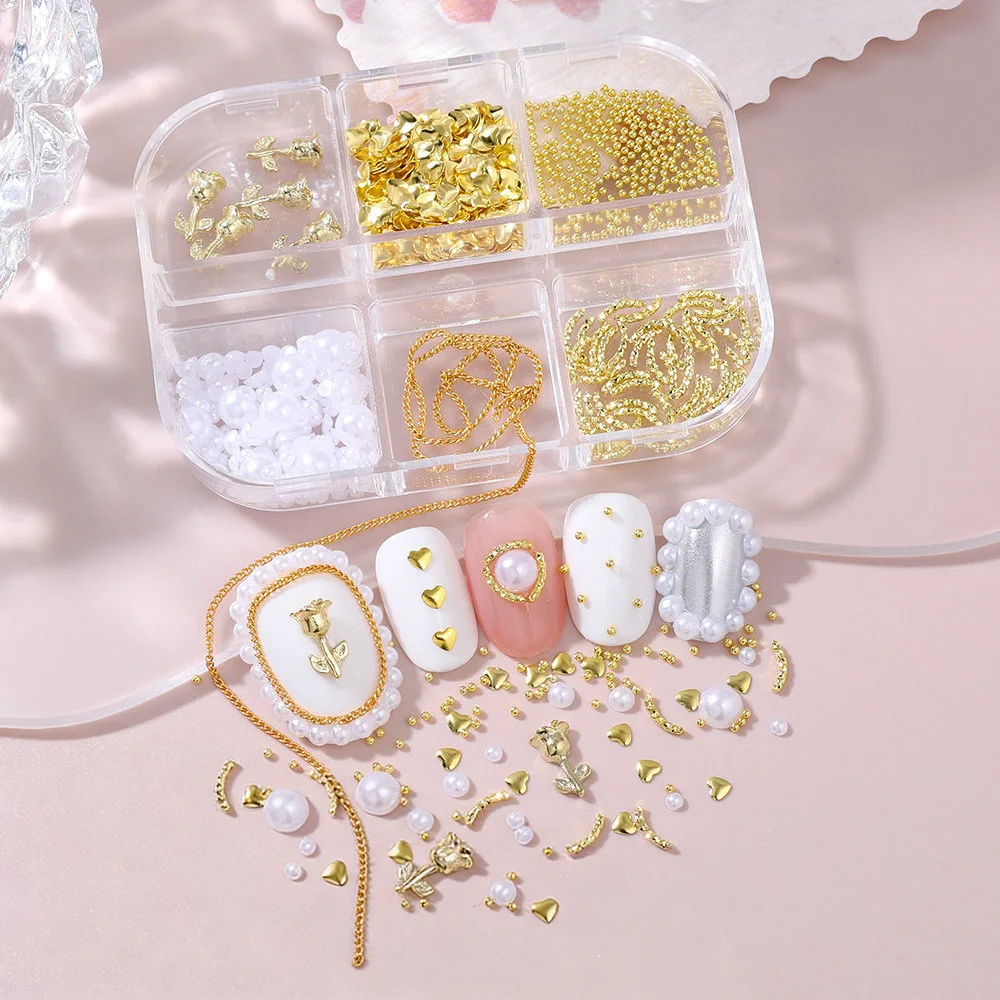 6 قطع من زينة الأظافر المعدنية على شكل قلب وردة، سلاسل ذهبية، أحجار الراين المعدنية للأظافر، خرز الكافيار الصغير، لآلئ لتزيين الأظافر