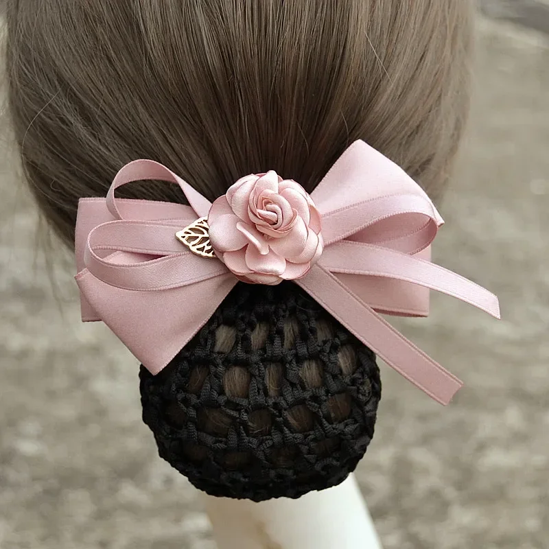 Satin Bow Barrette Hair Clip Cover Bowknot Bun Snood Hairnet Hair Jewelry Rhinestone Bun Snood Women Hairnet Hair Accessories