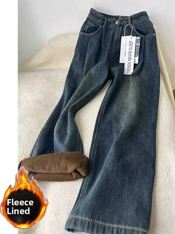 

Утепленные флисовые джинсы с высокой талией, свободные прямые брюки в пол для полных женщин, осенне-зимняя новинка