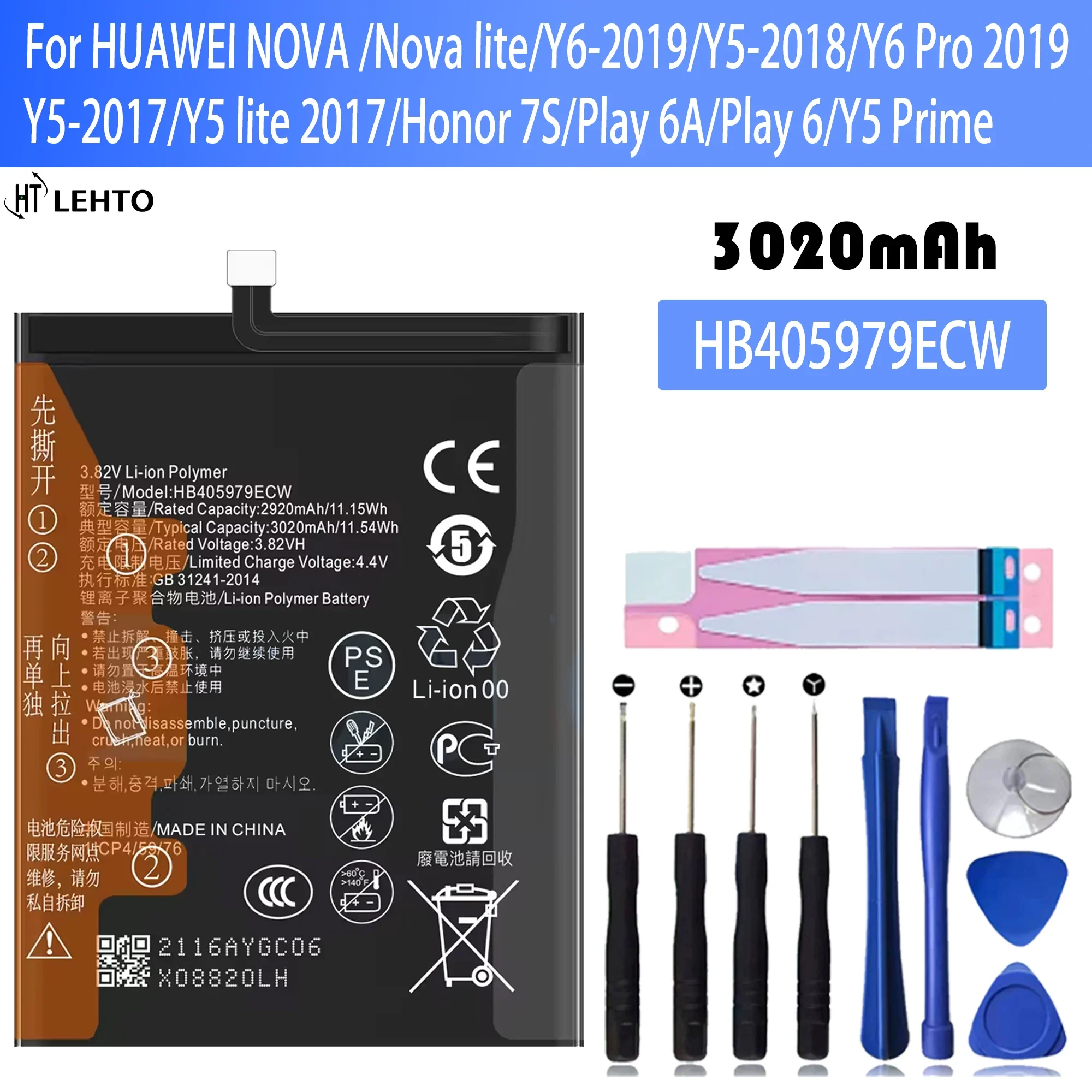 

100% New Original Battery HB405979ECW For HUAWEI Honor 6A Pro 6C 7S 8A 2020 8S 9E 9S NOVA Nova lite Battery + Free Tools