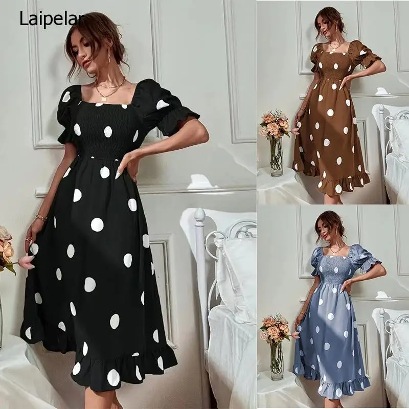 

Sexy Off Shoulder Polka Dots Midi Dress Women 2023 Summer Casual High Elasticity Elegant Office Laides Dresses for Women