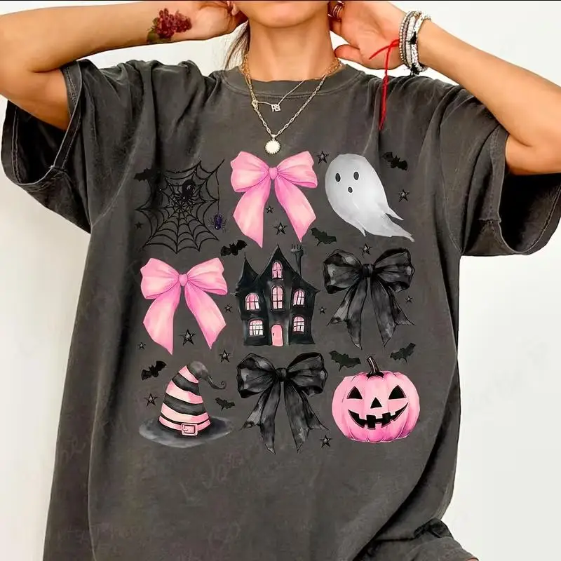 Women Round Neck Short Sleeve Tee Top Halloween Holiday Party Bow Ghost Castle Pumpkin Print Casual Daily Wear Women's Clothes