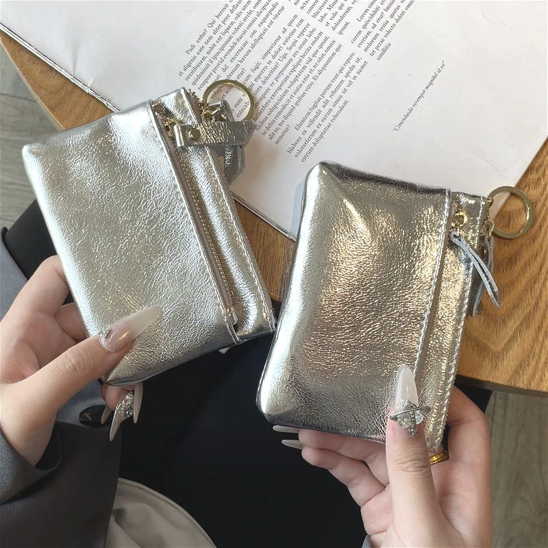 Fashion Retro Women Money Wallet PortableKey Card Holder Glossy Silver High-quality Genuine Leather Mini Zipper Coin Purses