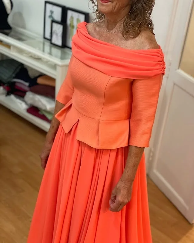 Elegante schulterfreie Abendkleider aus Satin und Chiffon in A-Linie, Abendkleid mit halben langen Ärmeln, formelles Partykleid