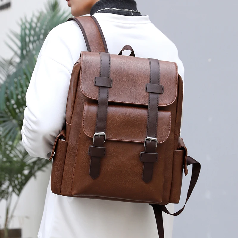 2023 männer Rucksack PU Leder Rucksack Große Laptop Rucksäcke Männlichen Mochilas Schwarz Schulranzen Für Jugendliche Jungen Braun Sac A Dos – Detail 17