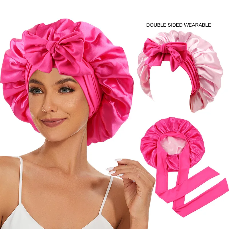 

Satin Double Layer Bonnet Solid Wide Tie Band Stretch Head Silky Bonnet Edge Wrap Nightcap Hair Care Shower Bonnet for Women