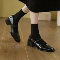 French Mary Jane's Shoes Women Pumps Spring Autumn Medium Heel Thick Square Toe Loafers Button Shallow Black Brown Women Heels