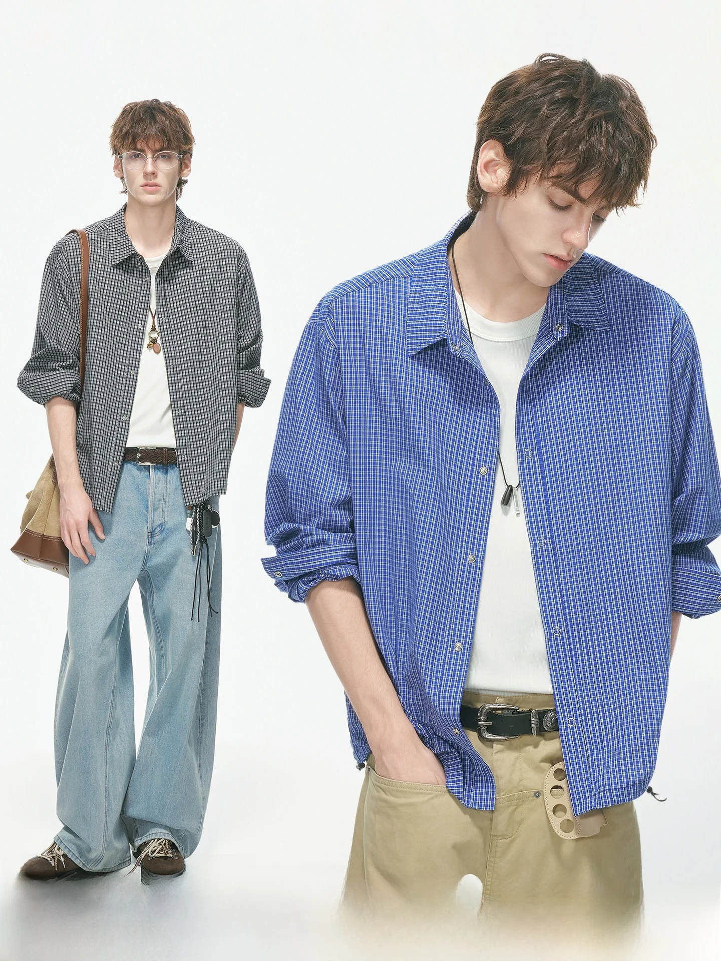 Cleanfit Royal Blue Plaid Long Sleeve Shirt Men's Drawstring Miu Style Autumn Spring Cotton Casual Fashion Commute Wear