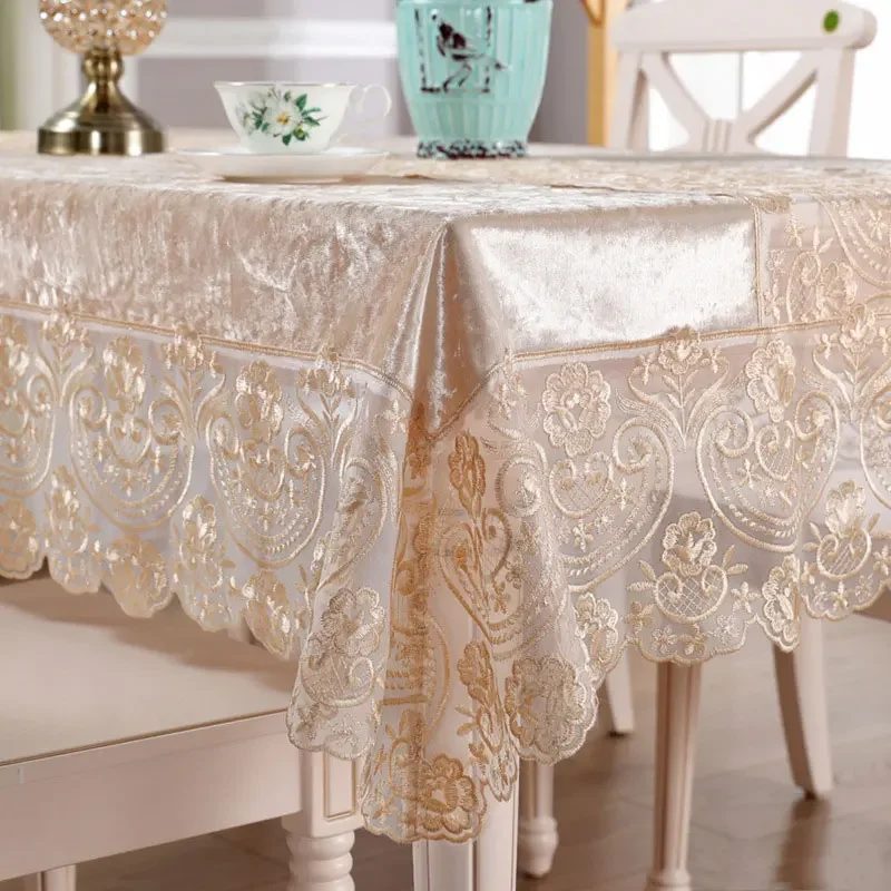 EIFLOY-Velvet Table Cover, Elegant Dining Tablecloths, Rectangular Embroidery Lace Table Cloth, Birthday Wedding Party Decor