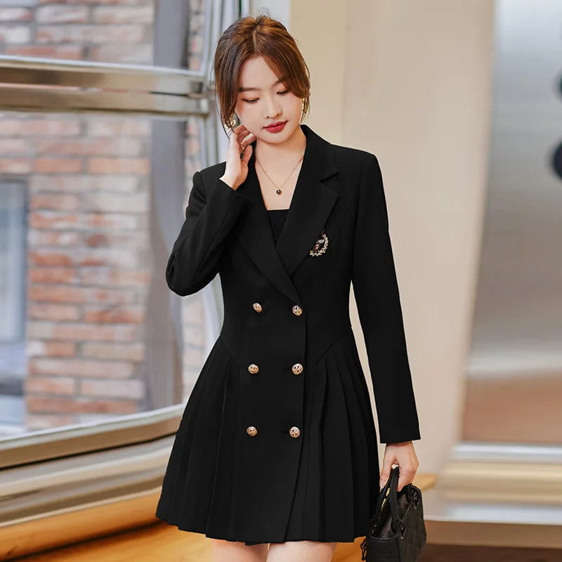 High quality short blazer dress for women long sleeve pleated dress 2024 spring lady elegant office clothing black brown purple