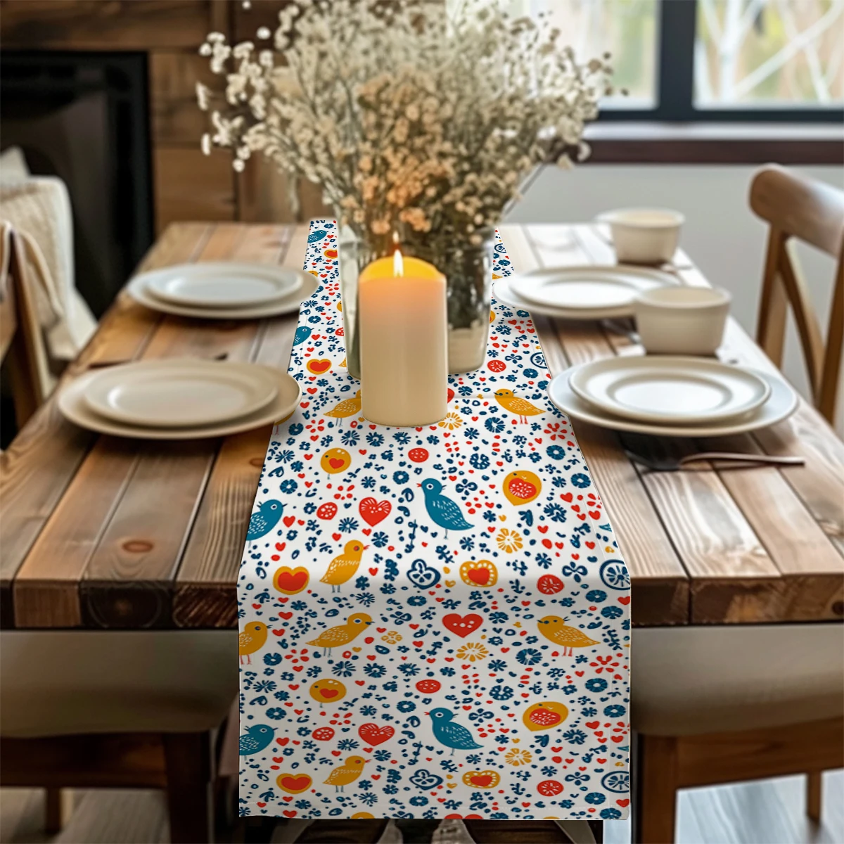 Bird Wave Point Love Table Runner Polyester Table Runners for Dining Room Cottagecore Polyester Table