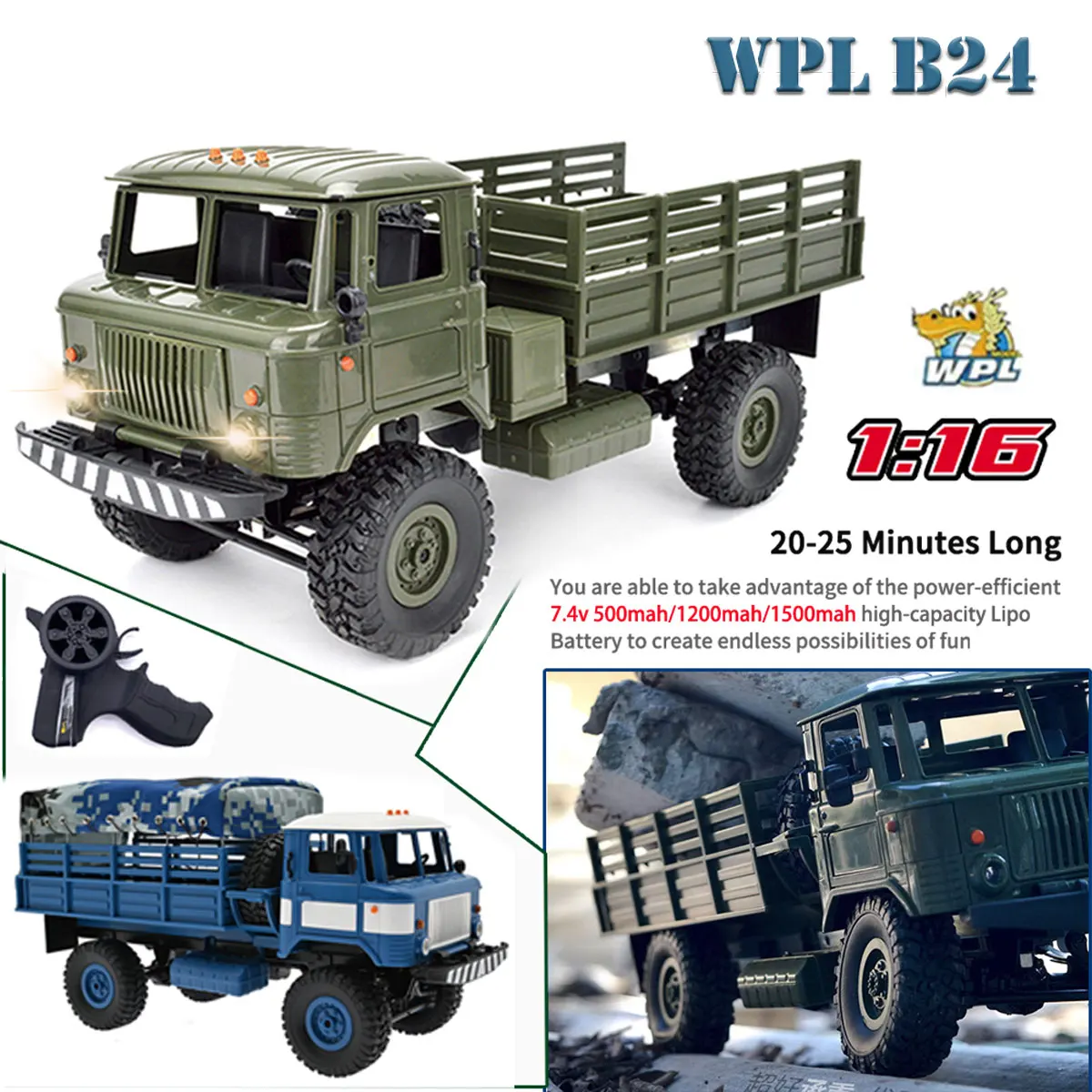 WPL B24 2.4G Remote Control Military Truck Off-Road 4WD RC Car 4 Wheel Drive Climbing GAZ-66 Vehicle for Christmas Gift Toy