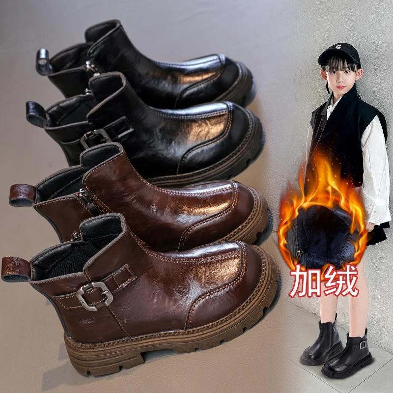 

2025 зимняя новая модная детская обувь в корейском стиле, плюшевые ботинки для девочек, теплые ботильоны для мальчиков, удобные кожаные детские ботинки