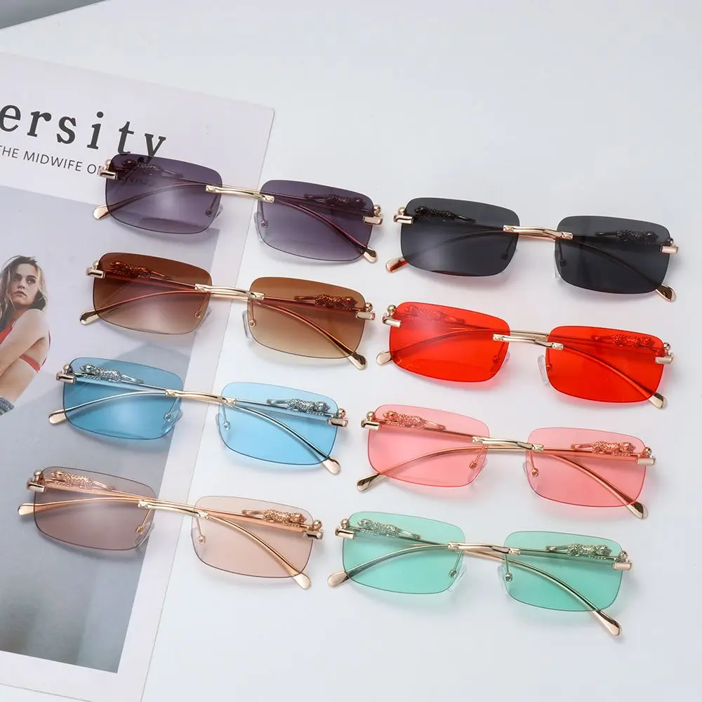 Fashion Rimless Rectangle Sunglasses for Women Men Retro Cheetah Decoration Clear Ocean Lens Sun Glasses Shades UV400 Eyewear