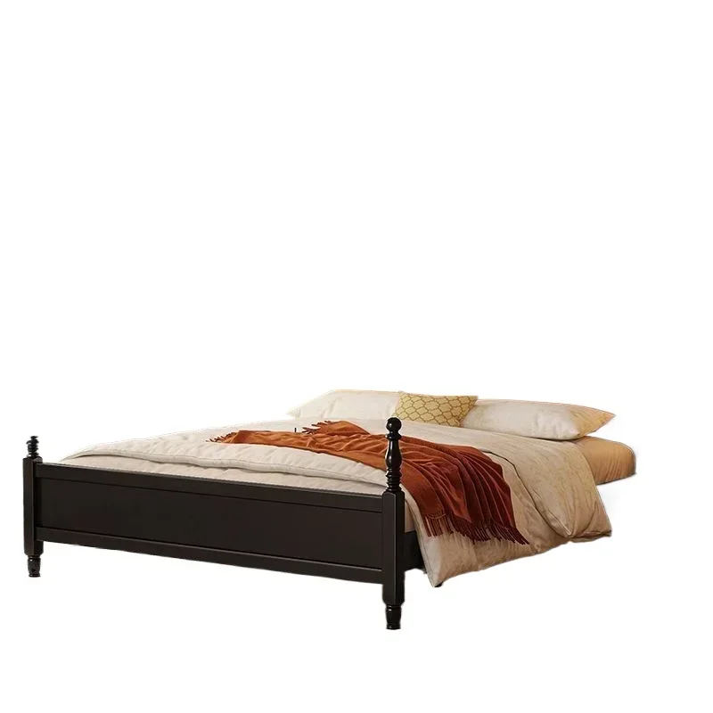 

Retro American solid wood bed master bedroom double, medieval solid wood bed black modern simple, storage soft bag bed