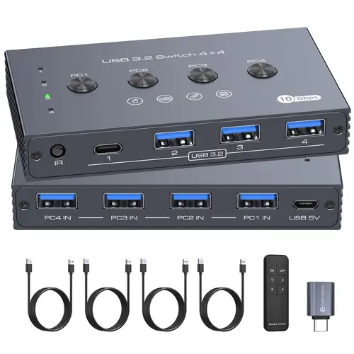 Conmutador USB 3,2 de 10Gbps, 4 ordenadores compartidos, 4 periféricos, conmutador USB 3,0 de 4 puertos para ratón, teclado, impresora con control remoto y Cables