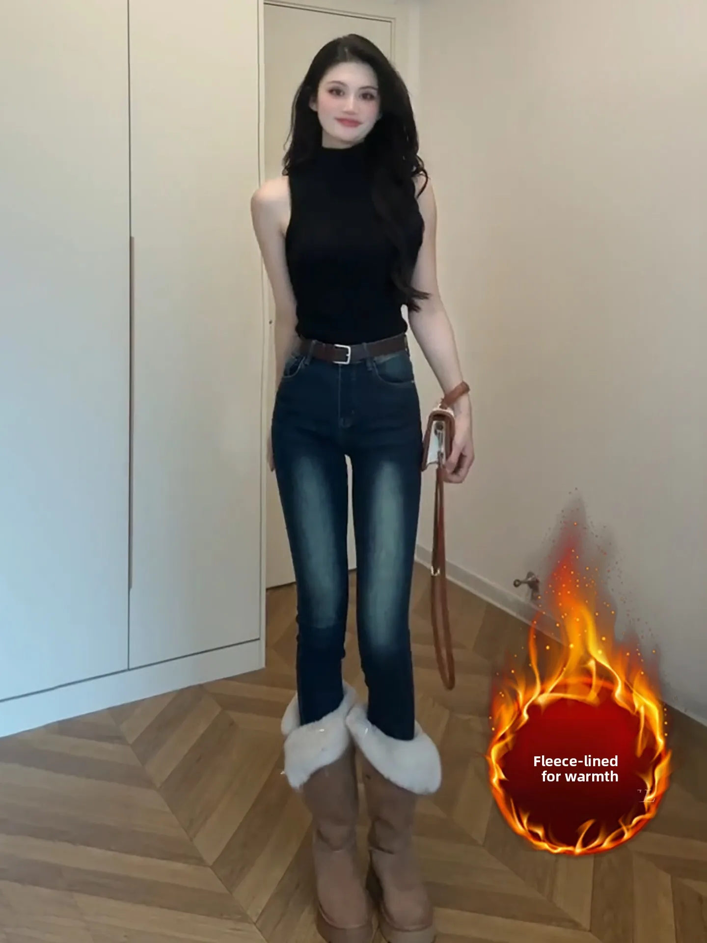 

Retro High Waist Distressed Blue Jeans Women's Autumn Winter Elastic Slimming Bootcut Cotton Stretch Denim Pants