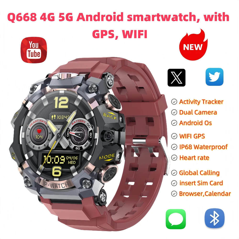 جديد Q668 5G النسخة الخلوية Smartwatch 1.508 بوصة Amoled شاشة أكبر أندرويد ساعة ذكية مع كاميرا دوارة فتحة للبطاقات Sim WIFI