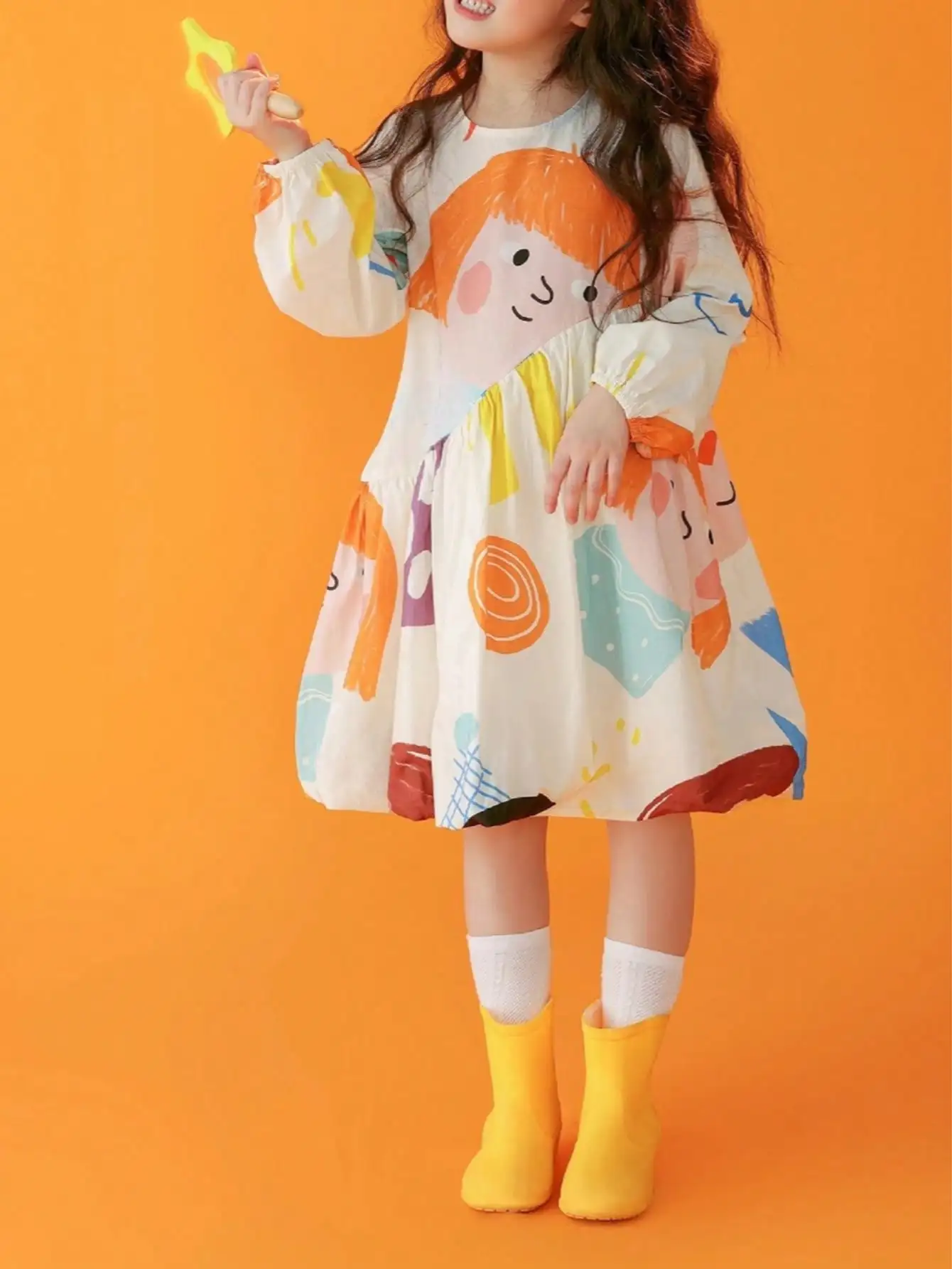 Loose fit A-line long sleeved dress, knee length casual game and vacation dress with random cartoon print