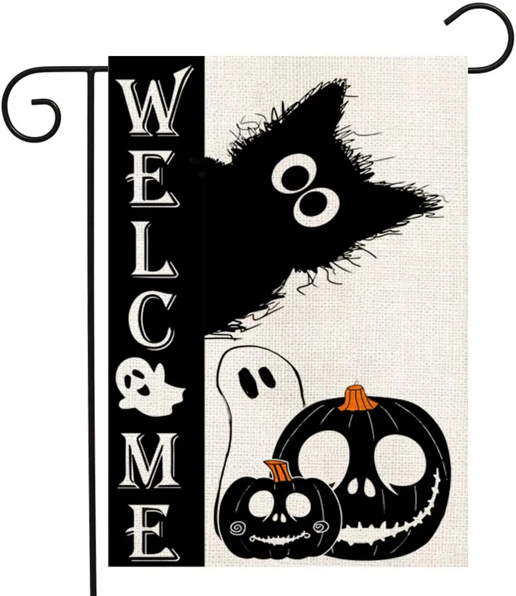 Welcome Garden Flag 12x18 inch Double Sided Burlap Welcome Black Cat Pumpkin Ghost Home Outdoor Yard Flag Decoration -A