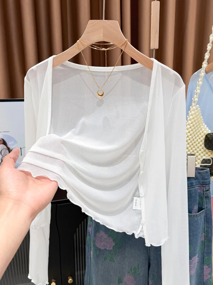 

White Sun Protection Light Weight Open Cardigan Women's Summer Spring Beach Outfit Lace Me Cover up with Sling Skirt