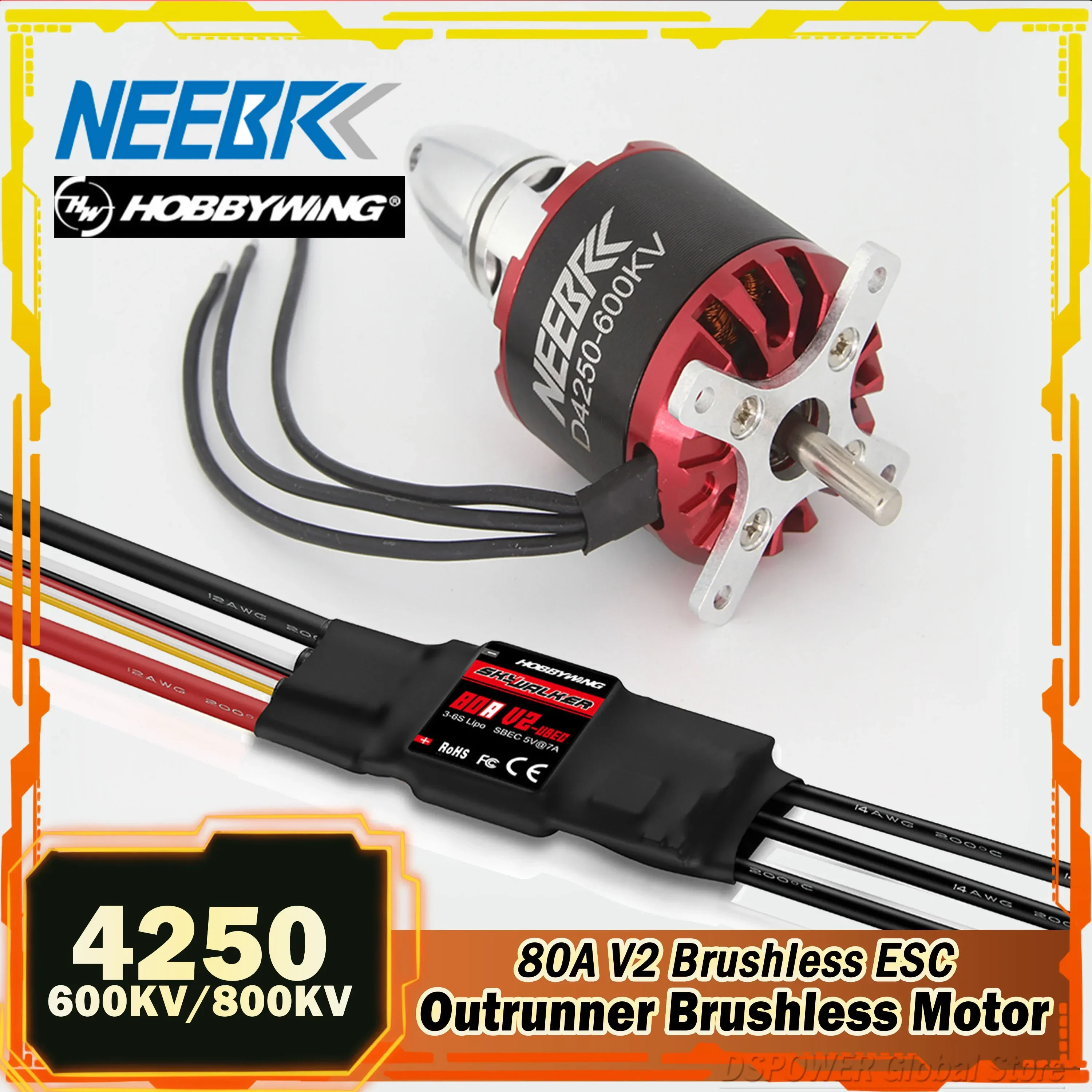 4250 RC FPV Outrunner Brushless Motor 600KV 800KV 3-7S with 80A V2 ESC Speed Controller for Fix-Wing Drone Aircraft Multicopter