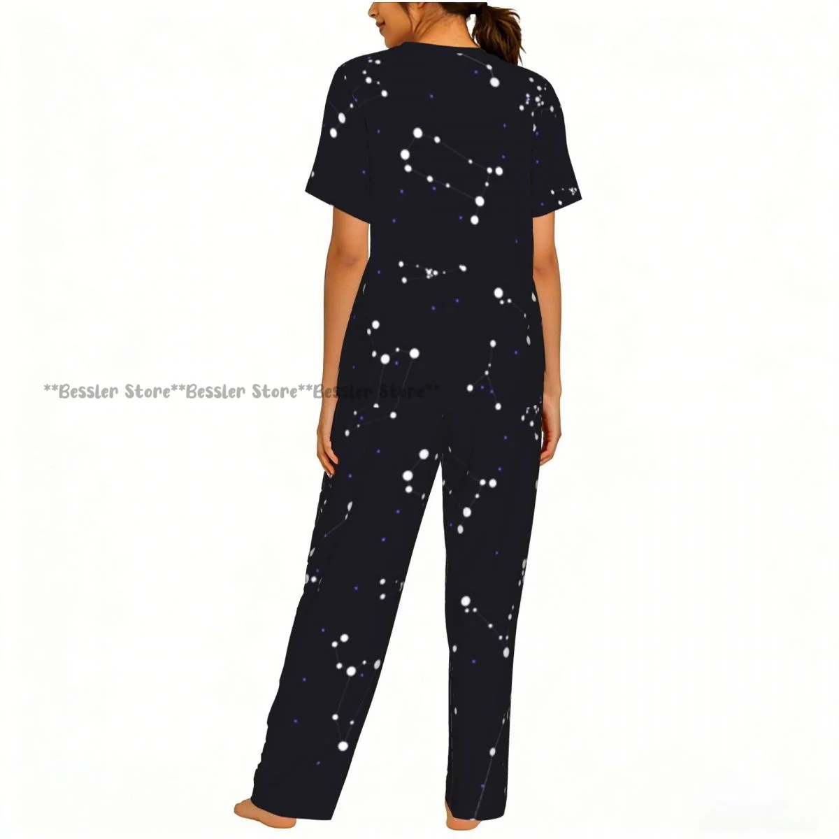 Women's Zodiac Stars On Cosmic Sky short sleeve trousers casual pajamas set view 4