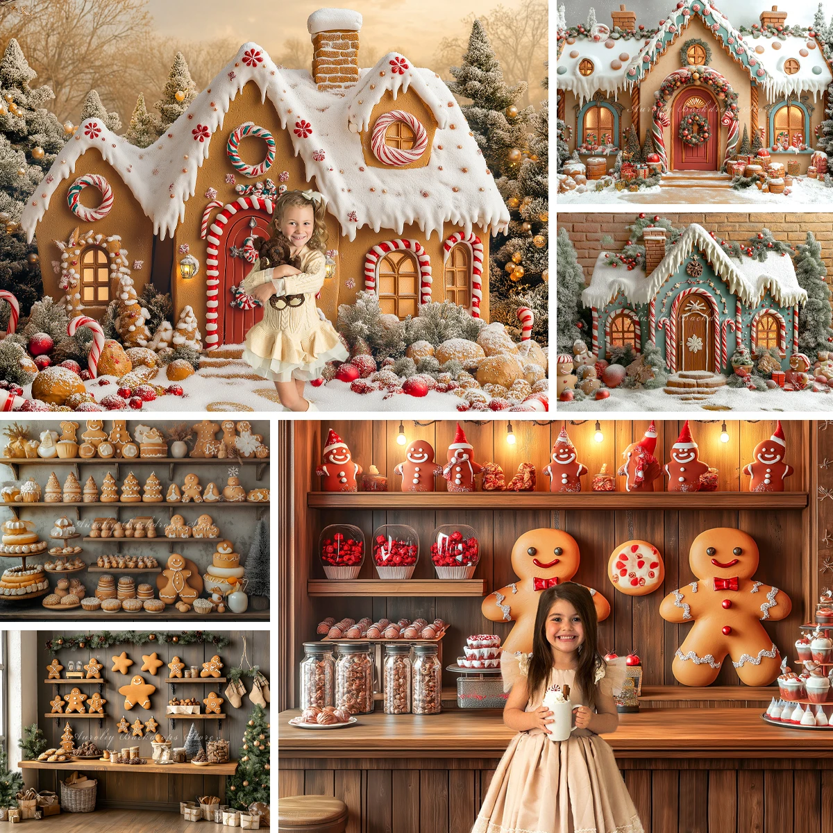 Christmas Gingerbread House Backgrounds Adult Family Photography Props Child Baby Decors Cookie Shop Photo Studio Backdrops