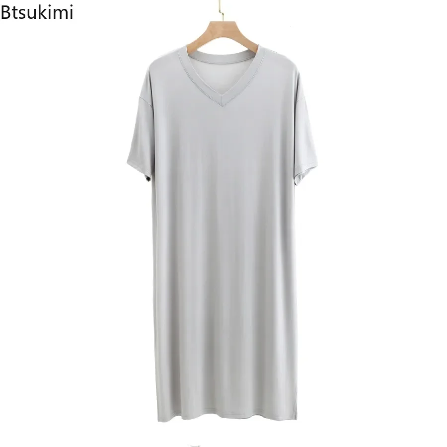 2024 Men's Modal Pajamas Home Clothes Short-sleeved V-neck Mid-length One-piece Nightgown Summer Men's Solid Loose Thin Bathrobe