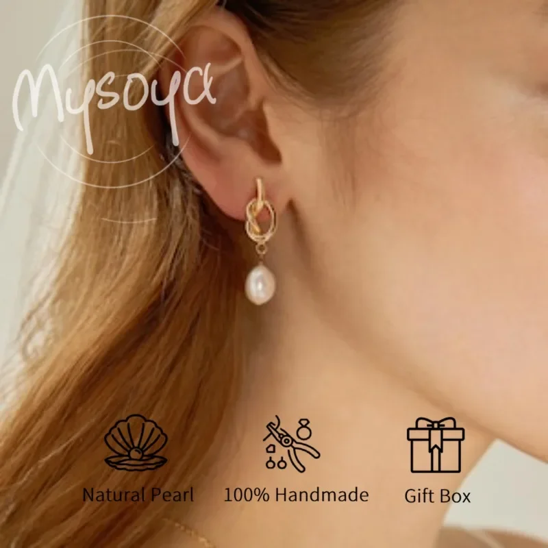 

MYSOYA White Rice-shaped Freshwater Pearl Knot Earrings 7-8mm With Gift Box For Her/Him Birthday/Wedding/Christmas/New Year Gift