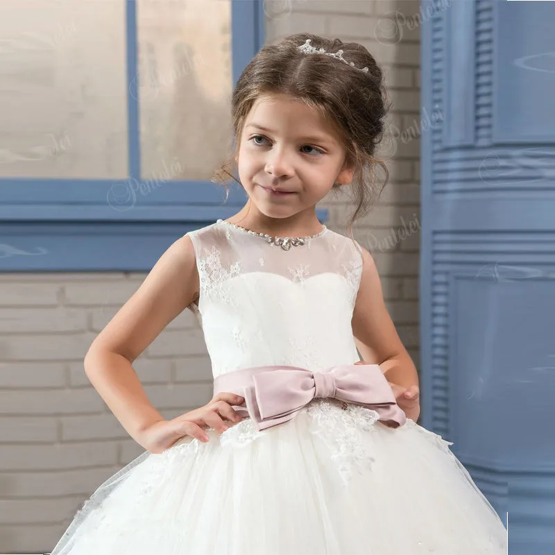 

Elegant Flower Girl Dresses ivory Lace Appliqué Sleeveless Cascading Kids Pageant Gowns For Weddings First Communion Dresses