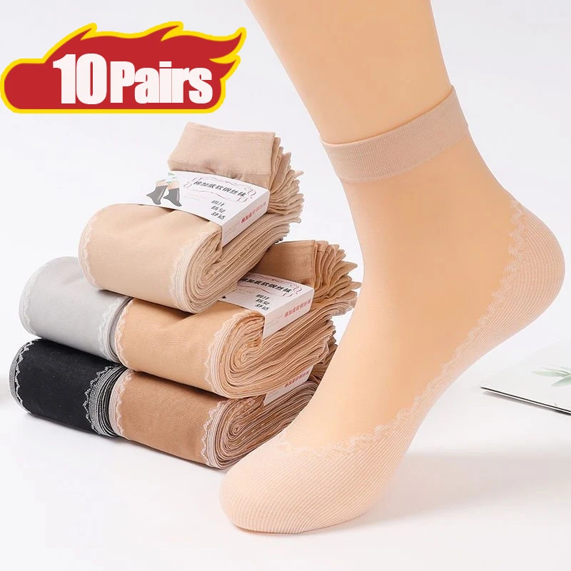 

10Pairs Spring Summer Woman Elastic Socks Velvet Silk Socks Non-Slip Bottom Splice Transparent Ladies Ultrathin Breathable Sock