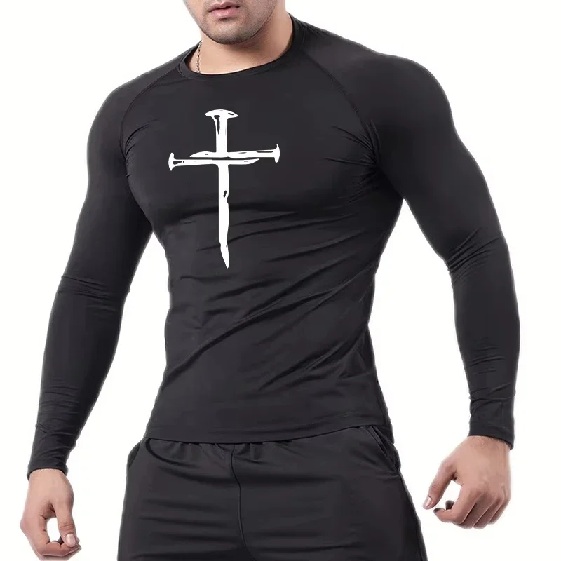 2026 Christian Workout Compression Shirts Graphic Long Sleeve Rash Guard Athletic Quick Dry Tops Men Running Trainning Tops