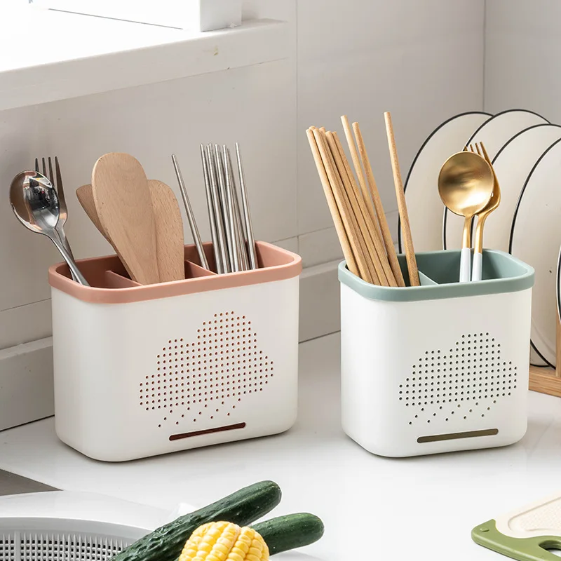Kitchen Double Layer Drain Chopsticks Cage Multifunction Cutlery Hollow Drainer Storage Rack Knife Holder Tableware Organizer
