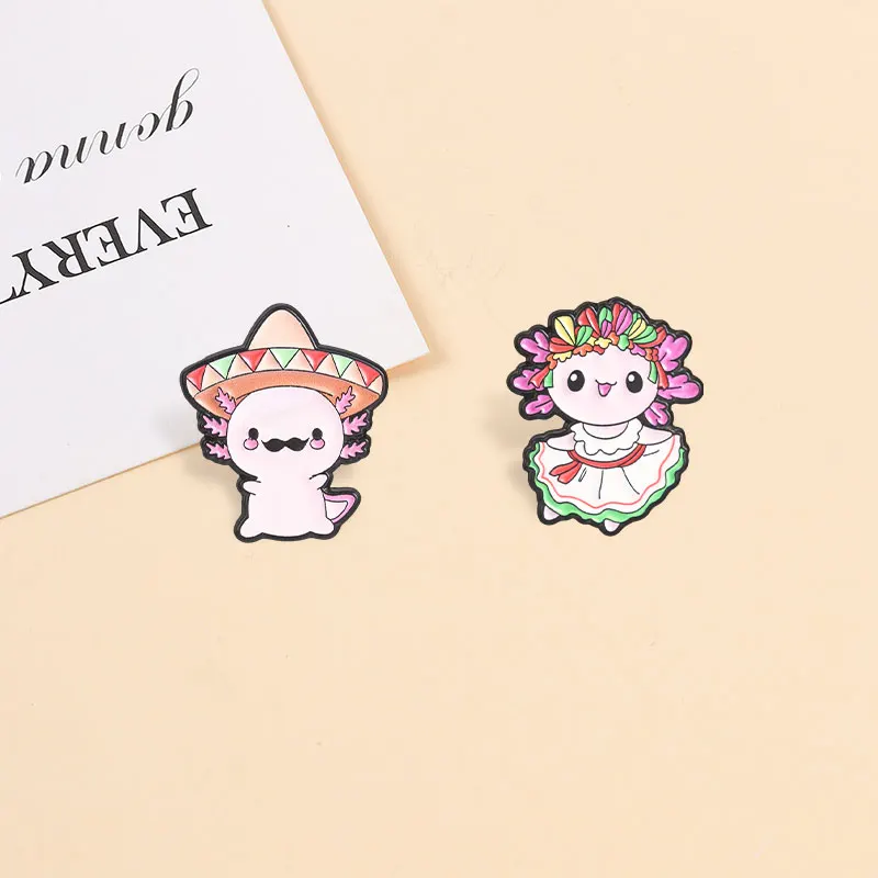 Mexikanische Fiesta Axolotl Emaille-Pins, Niedliche Sombrero-Schnurrbart-Broschen, Cartoon-Salamander-Abzeichen, Kawaii Tierschmuck, Geschenk für Freunde – Detail 2