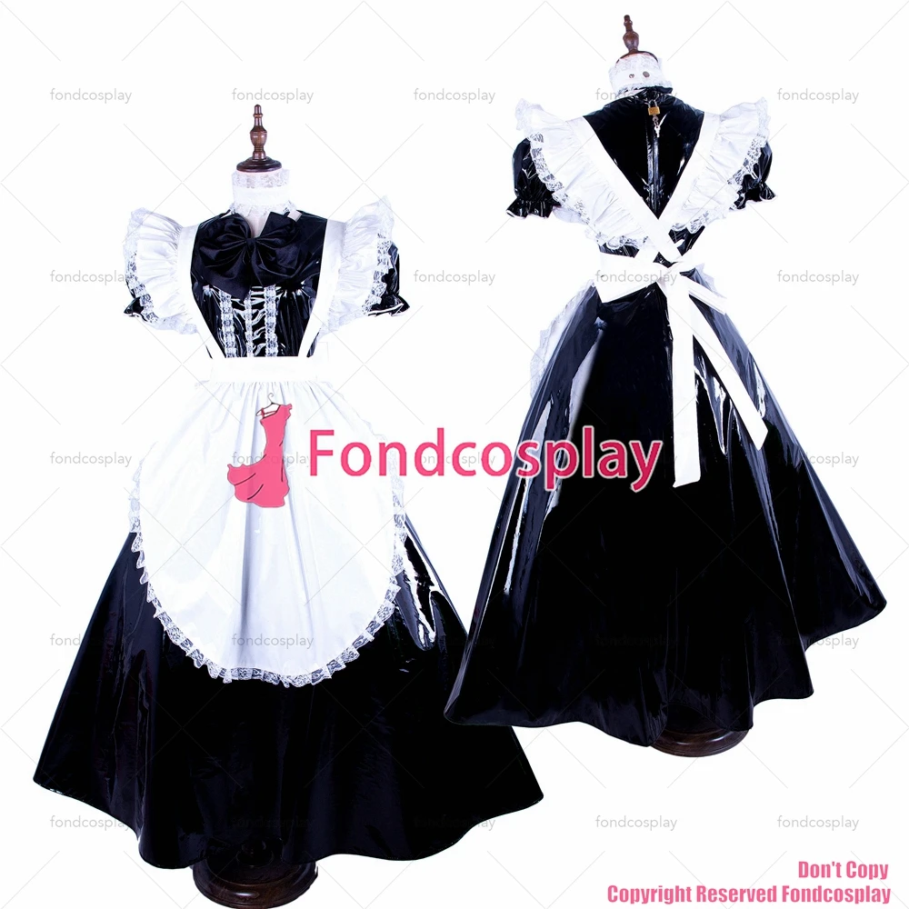 fondcosplay adult sexy cross dressing sissy maid long lockable black thin PVC dress Uniform white apron CD/TV[G1593]