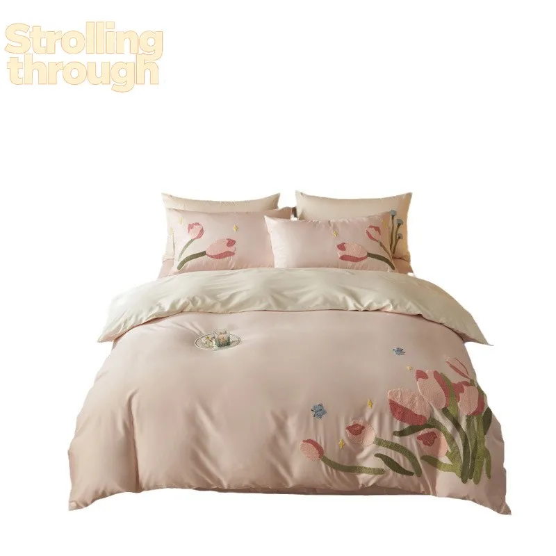 

Осенне-зимний комплект постельного белья из 100% хлопка, 4 предмета, с вышивкой, утолщенный, для девочек, зеленый, розовый