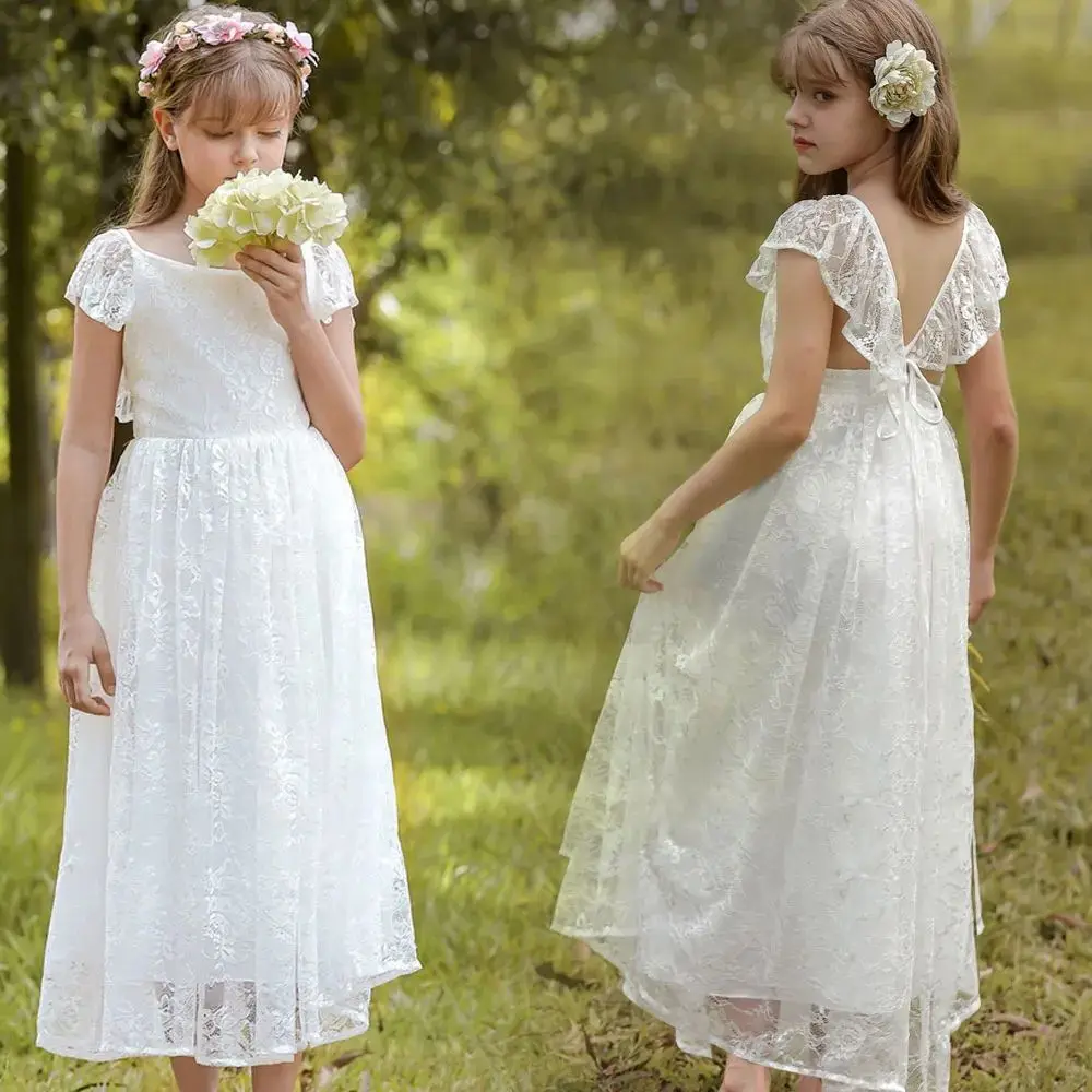 Girls Elegant Embroidery Dress Backless Lace Princess Dress Toddler Children White Bridesmaids Wedding Evening Party Kid Clothes