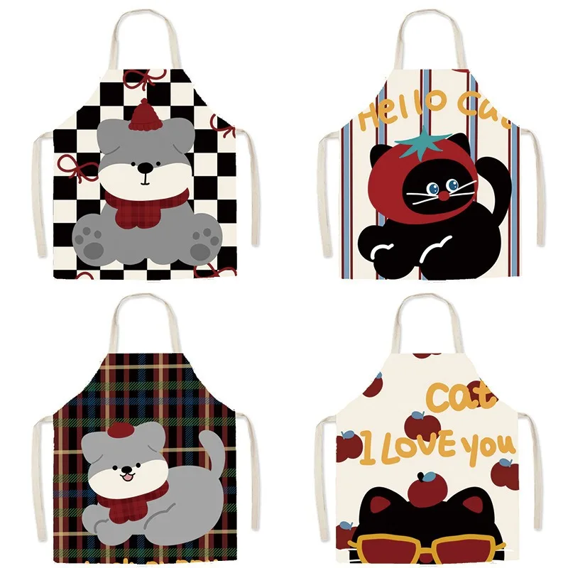 

Cute Cartoon Cat Bear Print Cotton Linen Apron for Women Kitchen Cooking Baking Funny Animal Sleeveless Home Cleaning Pinafore