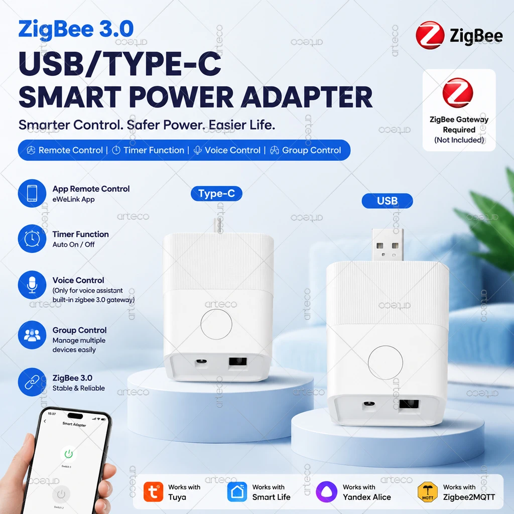 Tuya Zigbee 3.0 Smart USB-Adapter-Schalter 5V Mini USB Typ-C Netzadapter Smart Life Steuerung Unterstützt Home Assistant Zigbee2MQTT