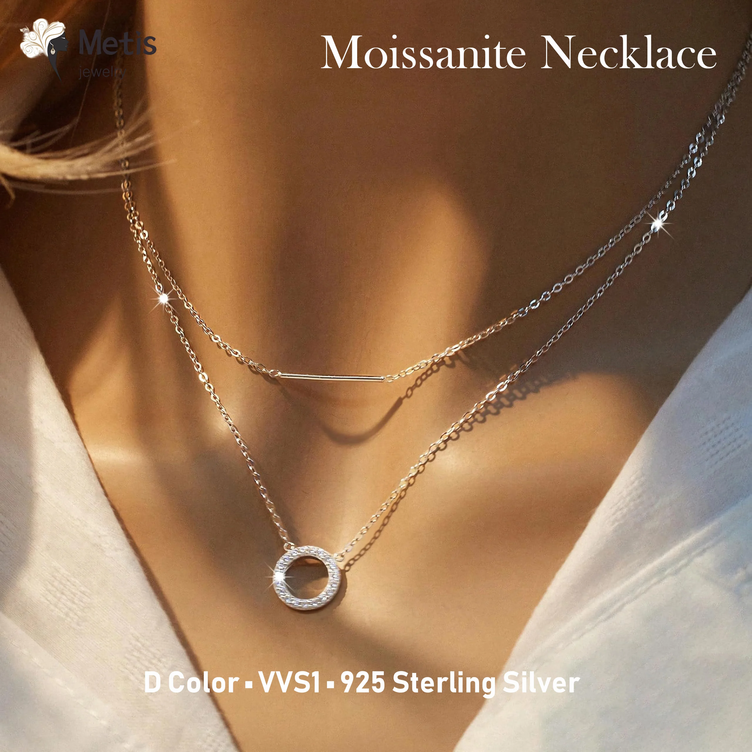 メティスモアッサナイトループペンダントネックレス女性のための-925-スターリングシルバー二層鎖骨チェーンネックレスファインジュエリーギフト