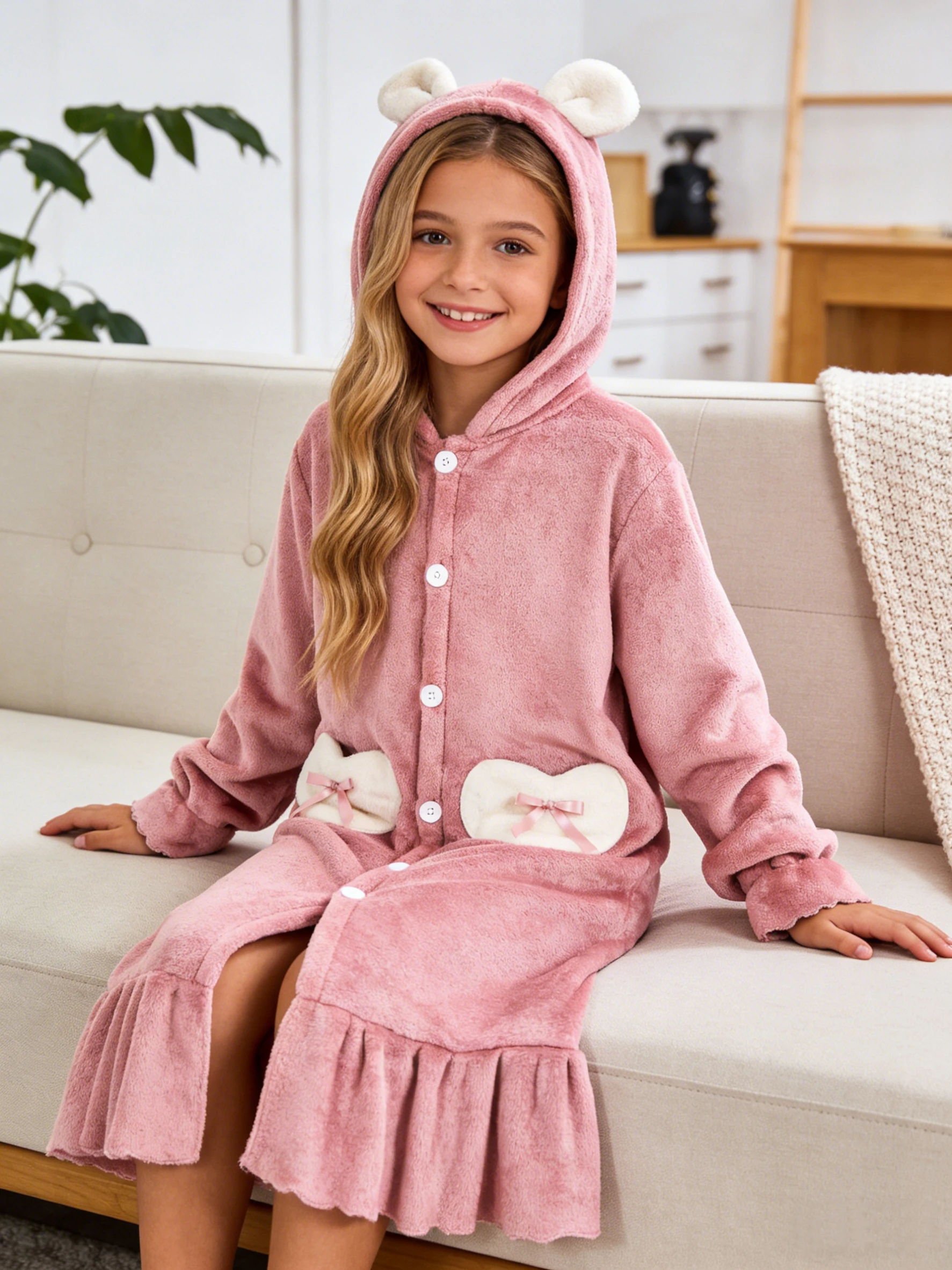 Mädchen-Bademantel mit Kapuze für Herbst und Winter, herzförmige Mädchen-Strickjacke mit Schleifentasche, Fleece-Flanell, warmes Bad für zu Hause