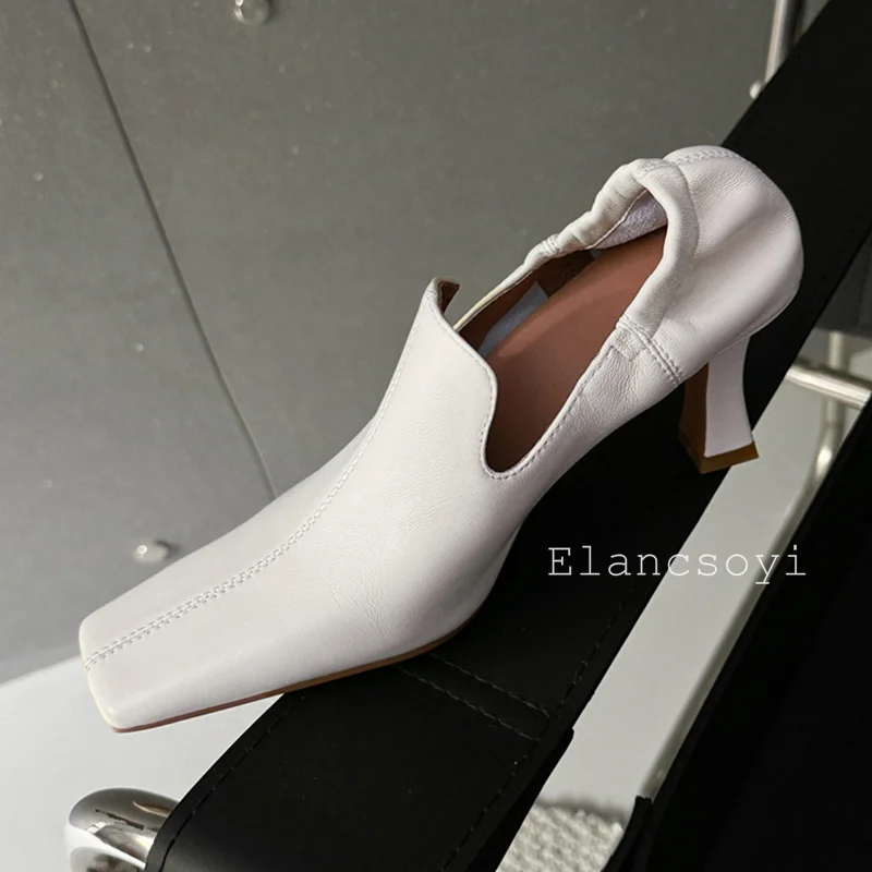 Zapatos de tacón alto con punta cuadrada para mujer, calzado de cuero genuino suave, diseño plisado, Sexy, para fiesta y banquete, primavera y otoño