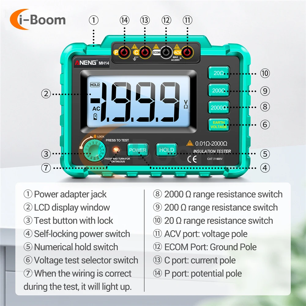 MH14 Megohm Meter Insulation Resistance Tester 0.01Ω~2000Ω Electrical Digital Display Ohmmeter High Precision Voltage Detector