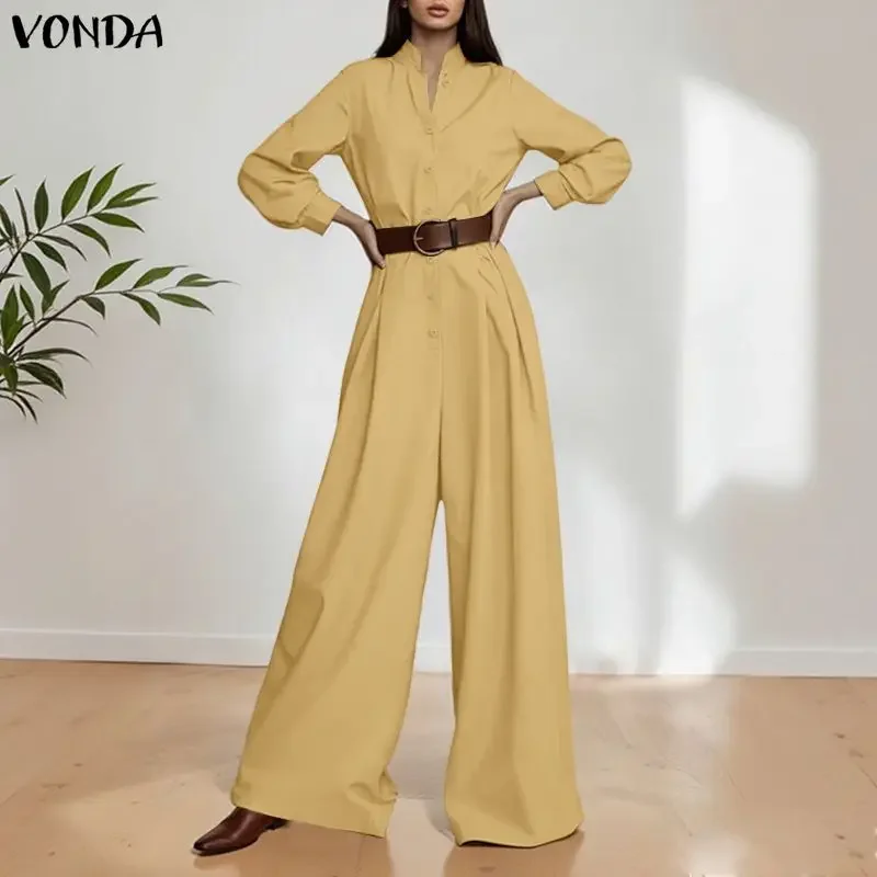 

Женские модные длинные комбинезоны ZANZEA 2026: летние, с длинным рукавом, однотонные, повседневные, с воротником-стойкой, свободные, уличный стиль, для работы