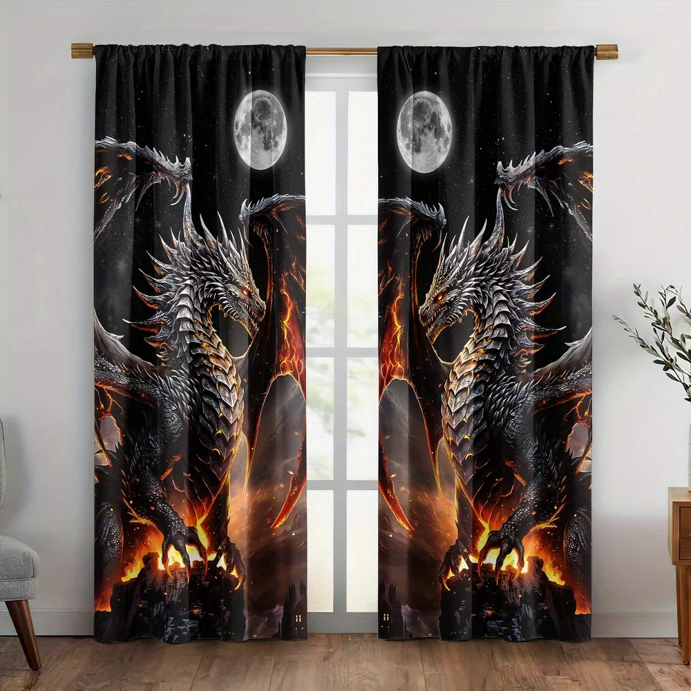 

2PC Black Dragon Blackout Curtains – Fantasy Art Print for Bedroom, Living Room, Kitchen – No Rod Included