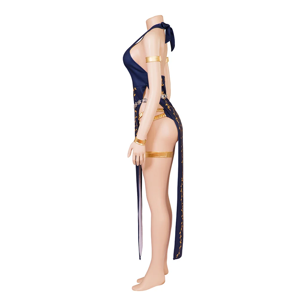 Game Cosplay Marika Costume Sexy Halter Neck Blue Print Dress Shorts With Belt Set Women Girl Halloween Party Sexy Suit