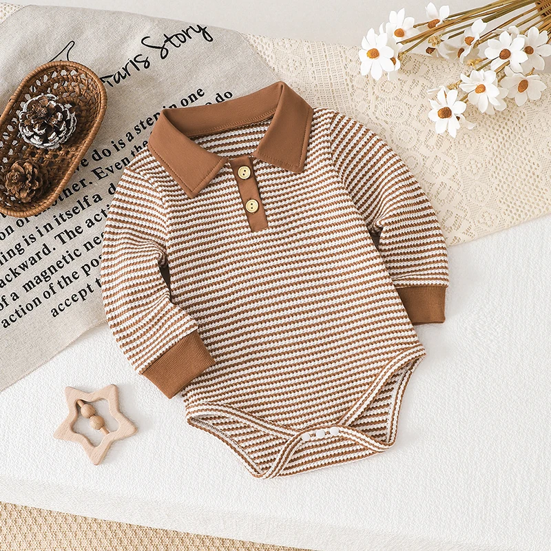 Autumn male infant open chest auburn waffle long-sleeved Romper casual and comfortable